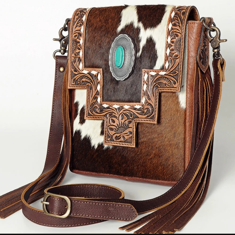 American Darling Hand Tooled/Painted Saddle/Hair-on Bag